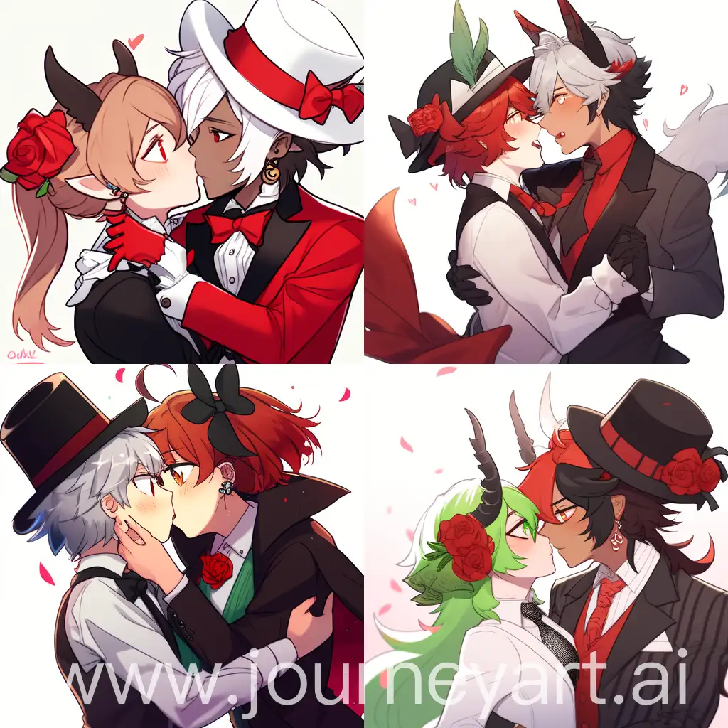 2 Male characters kissing, character 1 has pale skin, black demon horns, red eyes, scar on left eye, white shoulder length hair with black (bangs only), brown suits, character 2 has short red hair, tanned skin, red and green eyes,  a light brown tophat, a black and white suit with a red bowtie.