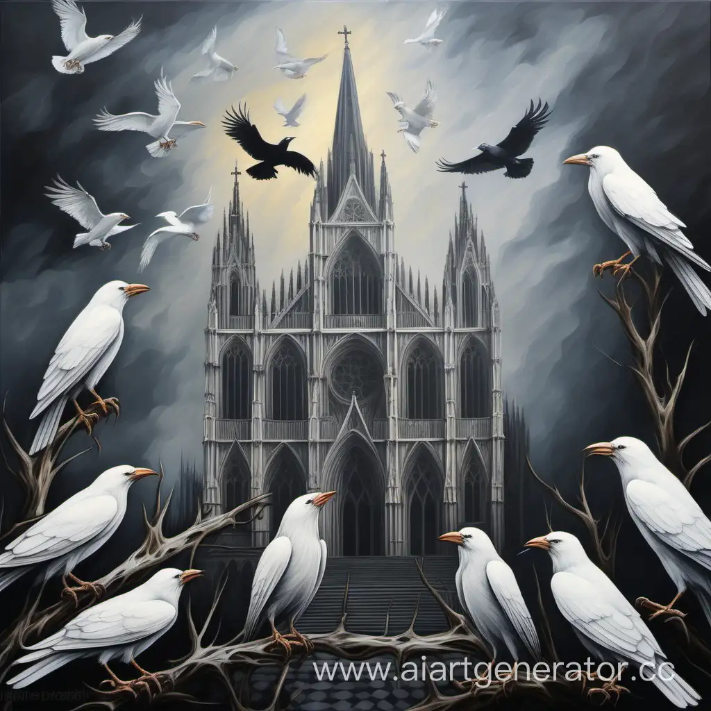 Gothic-Cathedral-Scene-with-White-Crows-Dark-and-Atmospheric-Painting