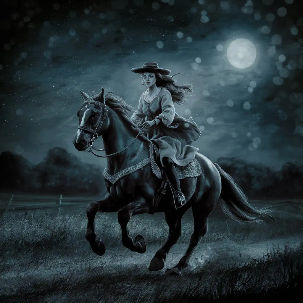 A classic painting of a female countryside rider, night time, stars in the sky , spooky and beautiful, bokeh 