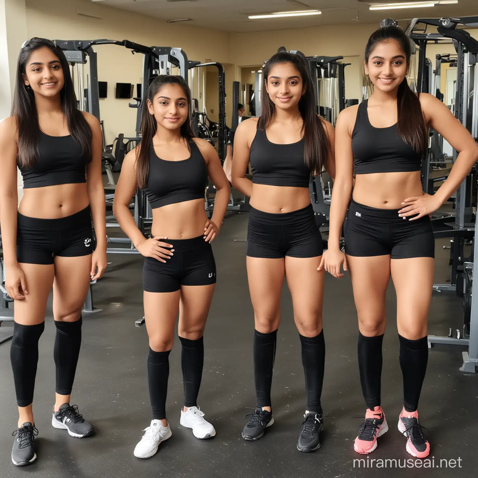 group of 12 grade indian girls wearing black tight shorts in gym