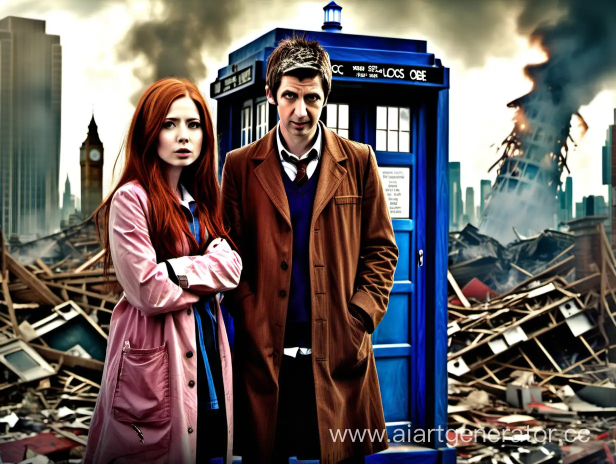 (((Doctor Who, Karen Gillan as Amy Pond in the pitiful remains of her clothes lovingly holding Jenny Coleman as Clara Oswald, whose clothes are also just a few scraps. They are standing in front of the Tardis, the city in the background is destroyed.))), full body, Russian art, billboards, grainy, realistic, hyperrealistic, very realistic, very very realistic, highly detailed, very detailed, extremely detailed, detailed, digital art, trending on artstation, detailed face, very detailed face, very detailed face, realism, HD Quality, 8k resolution, intricate details, colorized photograph, colorized photo. Sharp focus,
