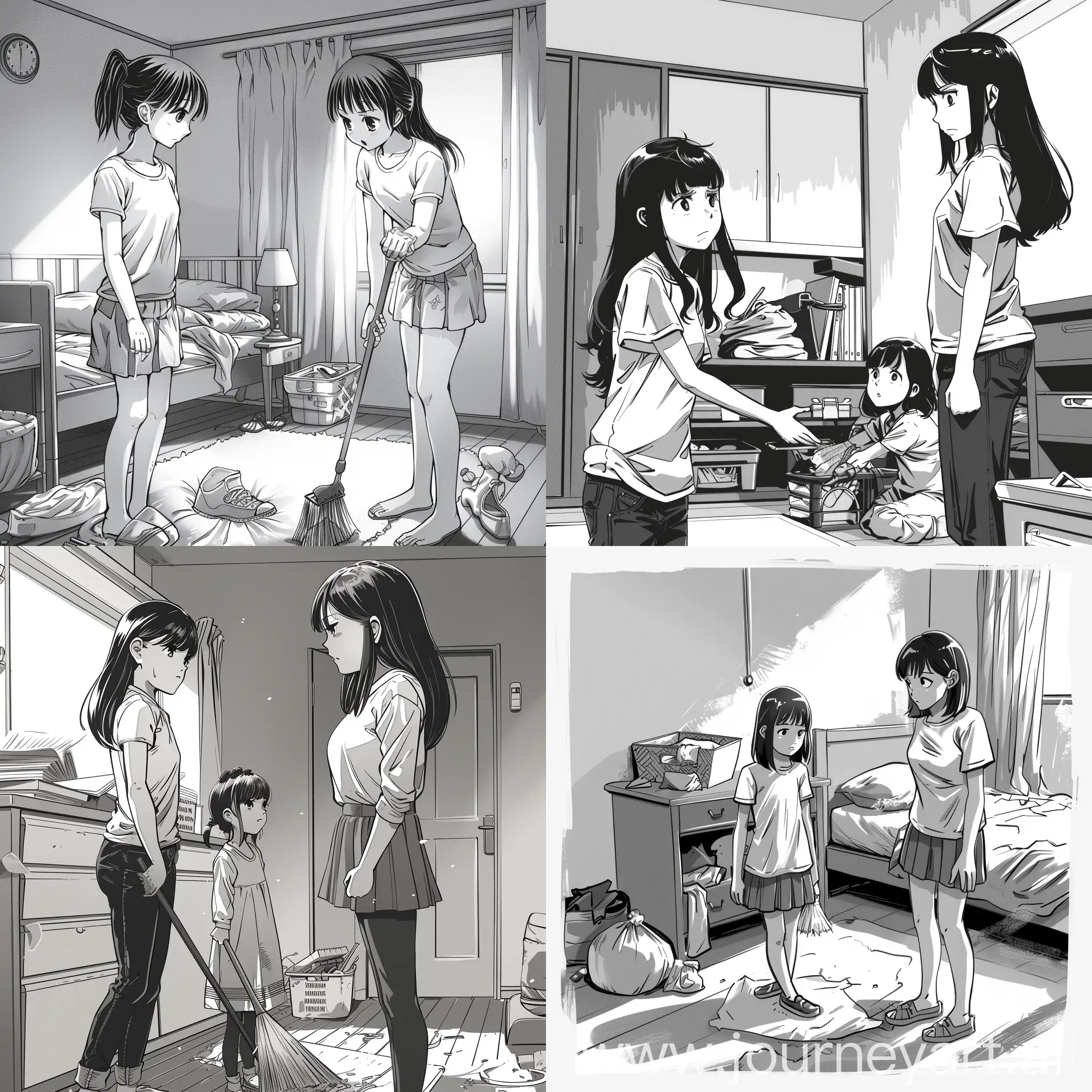 une image style manga où une mère ordonne à sa fille de ranger sa chambre