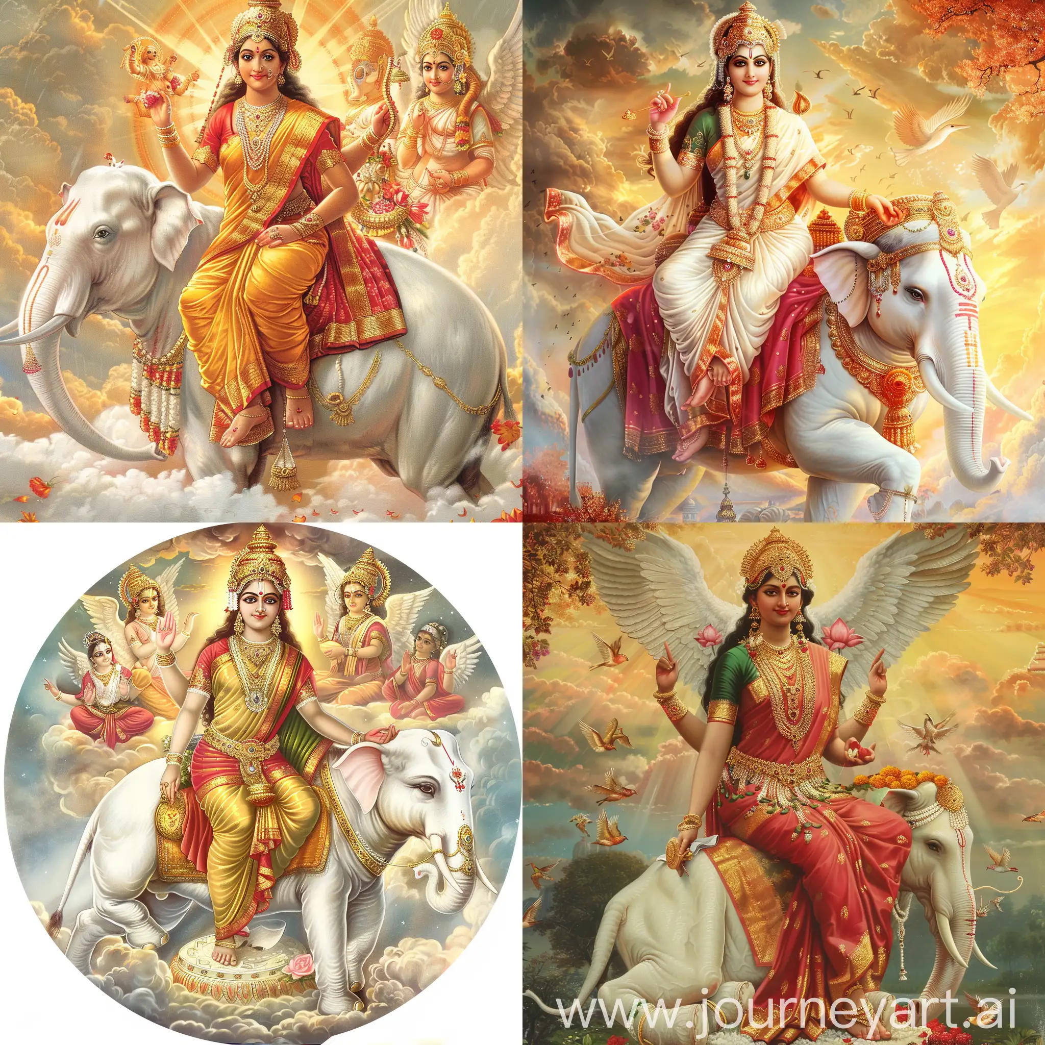 Goddess-Lakshmi-Devi-Seated-on-White-Elephant-with-Heavenly-Background