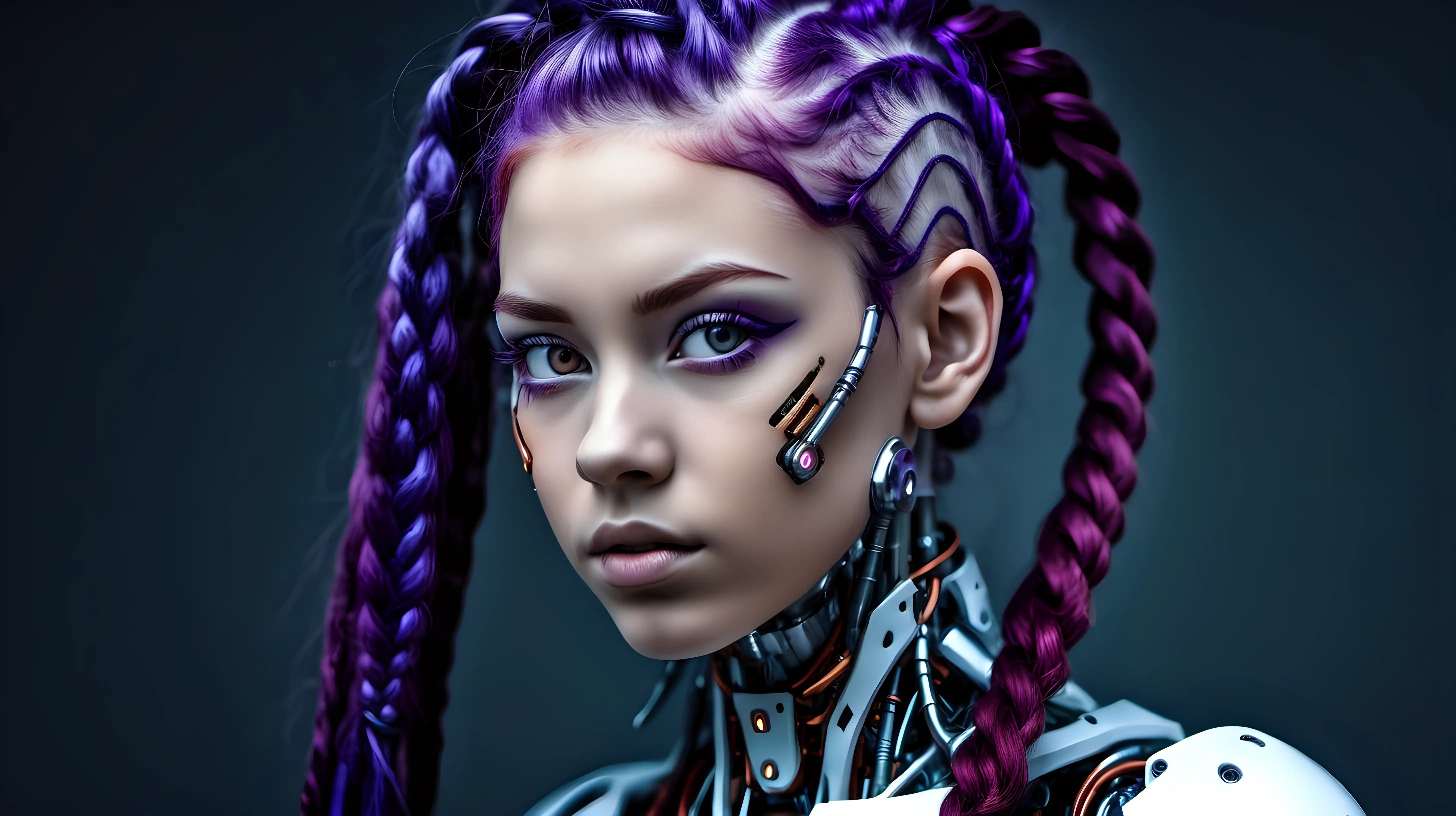 Gorgeous cyborg woman, 18 years old. She has a cyborg face, but she is extremely beautiful. Wild hair, purple braids, red braids. European cyborg woman, white woman.