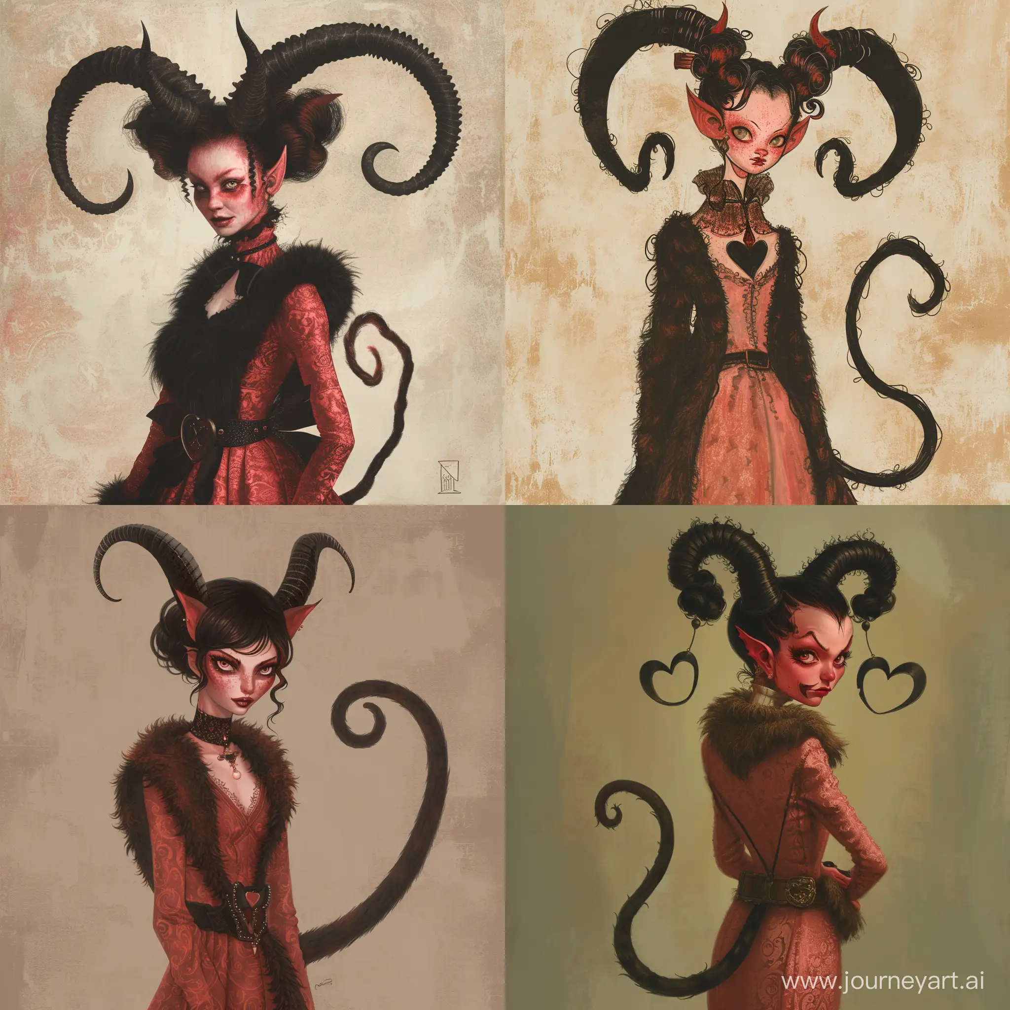 Once in Hell, her demonic form was like a cat-demon with light red skin that was more like a shade of pink, sharp horns that were actually two thick ponytails of black curls, and a long tail that curled into a heart shape at the end, eyes without pupils with fluffy eyelashes, up to 6 feet tall. Dressed in elegant 'showtime' clothes of those time period in combination with a fur coat, and a collar that resembled a belt around the neck (ironizing her comical death), not wanting to change the fashion to something more modernized; against the background of other anthropomorphic demons, she was the closest to a human looking anatomy.