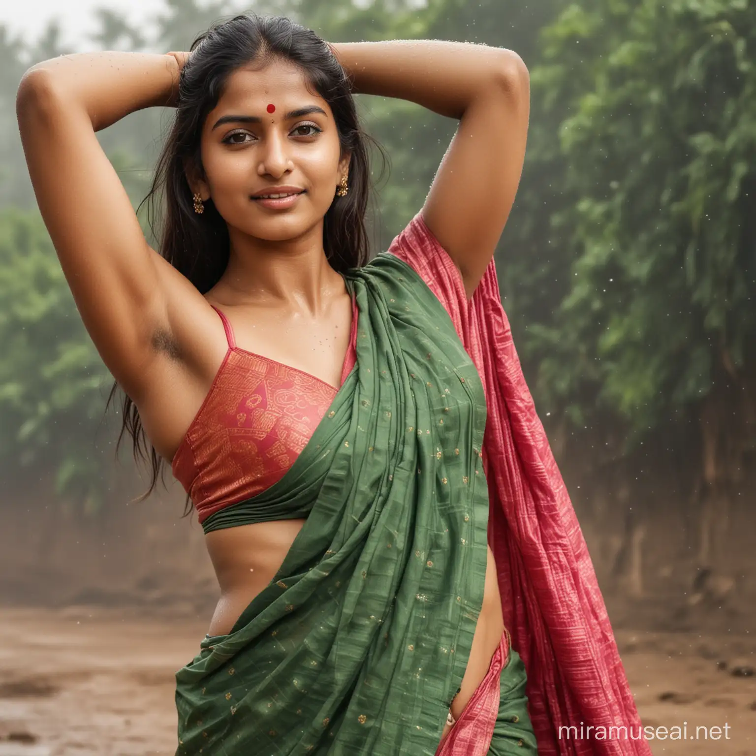 Indian women,saree with no jacket,arms up,showing navel,body covered with sweat,sweat on armpits