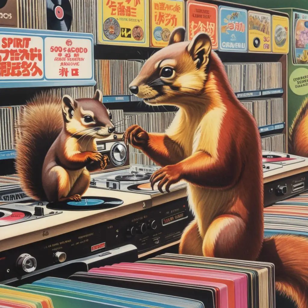 Trippy Spirit Animal Adventure Japanese Marten and Squirrel Partners Buying Vinyl Records