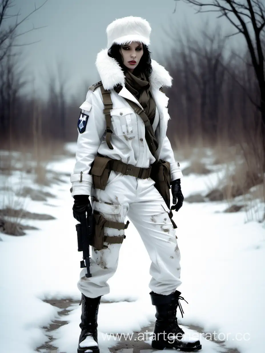 Post-Apocalypse tomboy in uniform, transgender 35-year-old, woman in a post-apocalyptic setting, dressed in a  white snow camouflage military uniform with fur  hat,  white  fur overcoat, white  fur pants and white   fur boots, solo, without weapon  --v 6