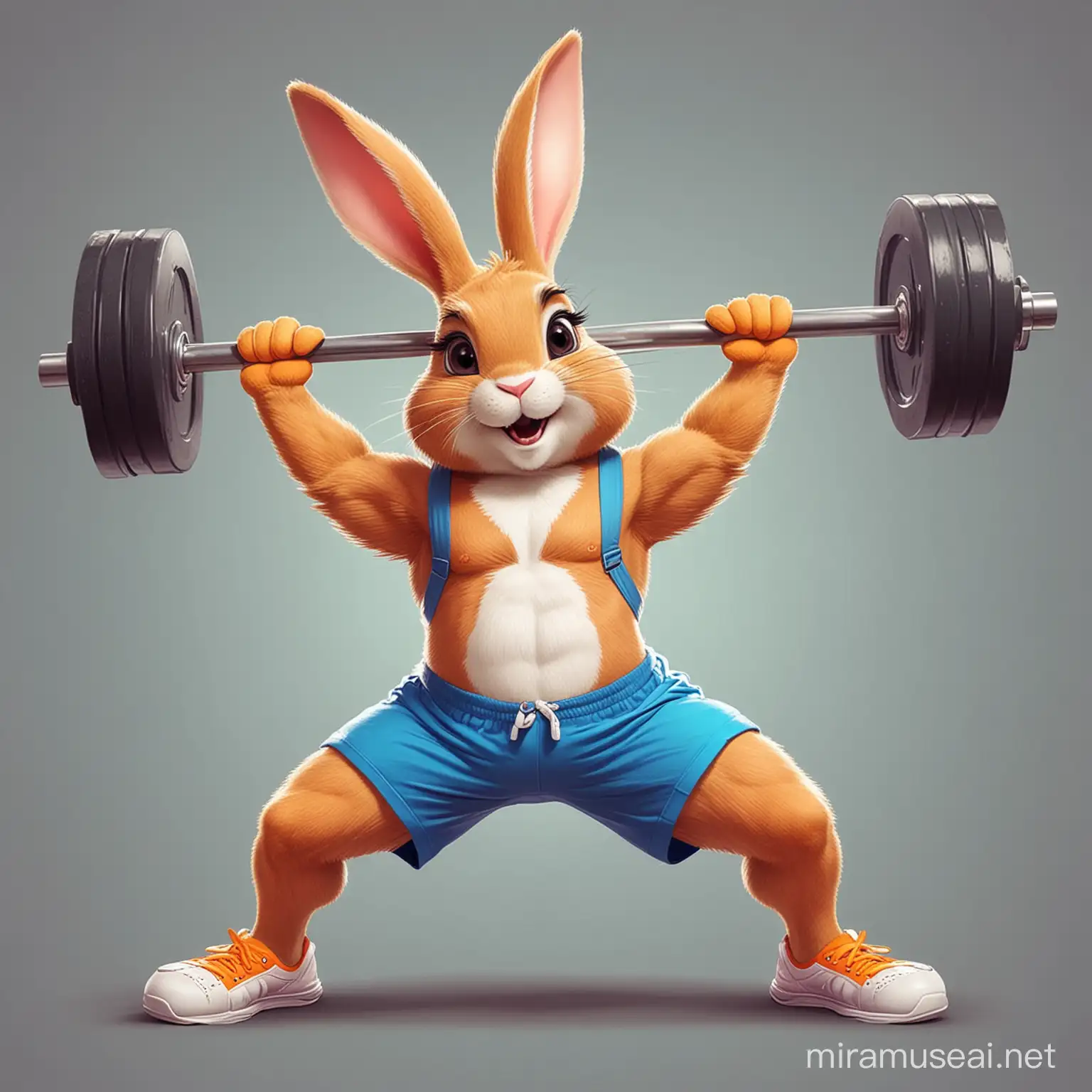 A verry good looking and happy gym bunny, cartoon colourful clothes rabbit lifting heavy barbell, Funny fitness and exercise, vector illustration