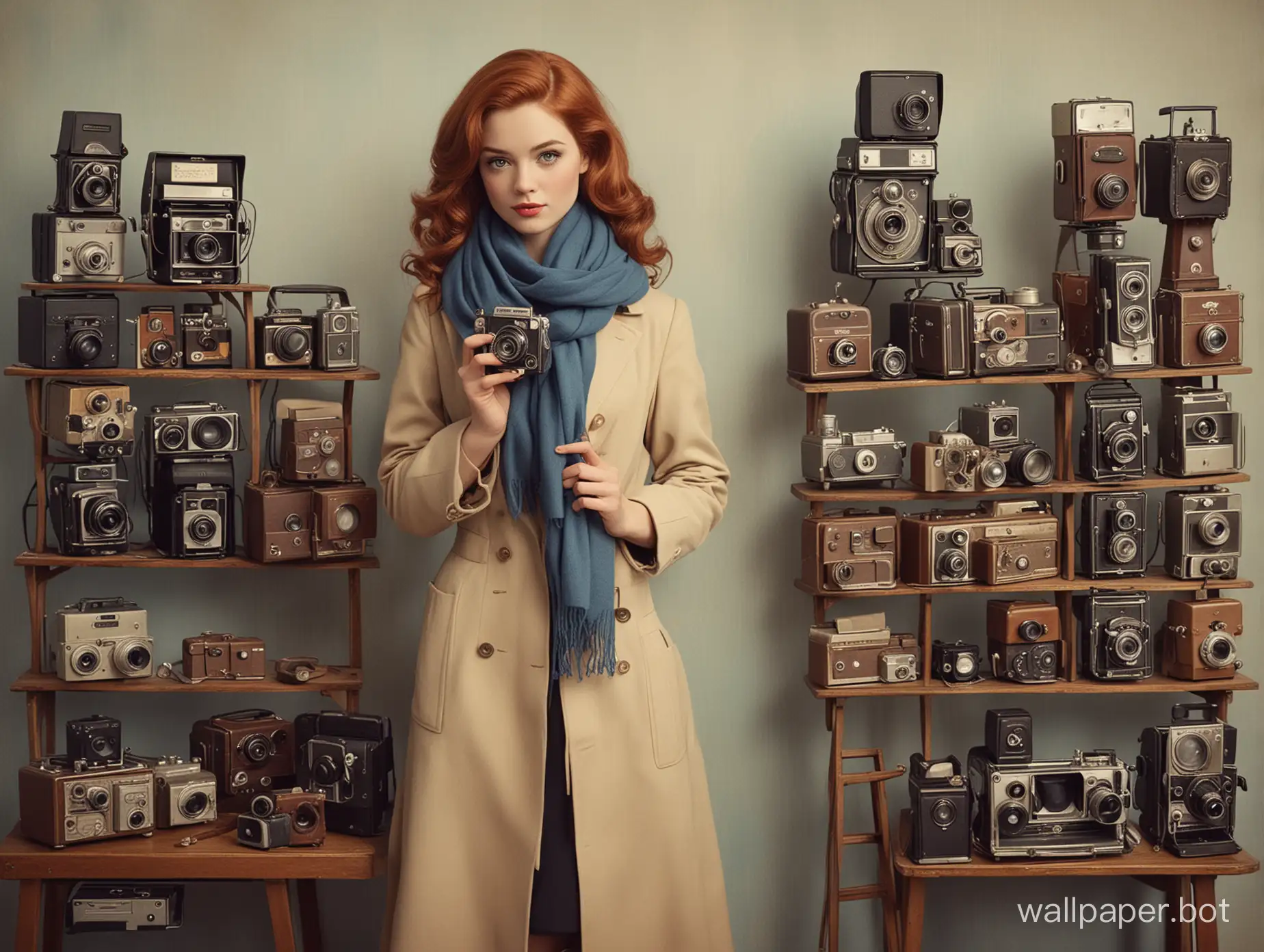 A captivating vintage-inspired illustration of a graceful woman standing amidst an enchanting collection of antique cameras and photographer's equipment. The woman is elegantly dressed in a beige coat, black shoes, and a blue scarf, reminiscent of the mid-20th century. Her reddish hair flows in soft waves, and her blue eyes convey a deep passion for photography. Confidently holding a classic film camera, she symbolizes her connection to the past and her love for the art of capturing moments. The background is filled with a myriad of objects that evoke a sense of nostalgia and reminiscence, such as vintage cameras, aged lenses, and dusty photographic equipment. Dolls, dresses, and other treasures from the past adorn the scene, adding to the atmosphere of a bygone era. The