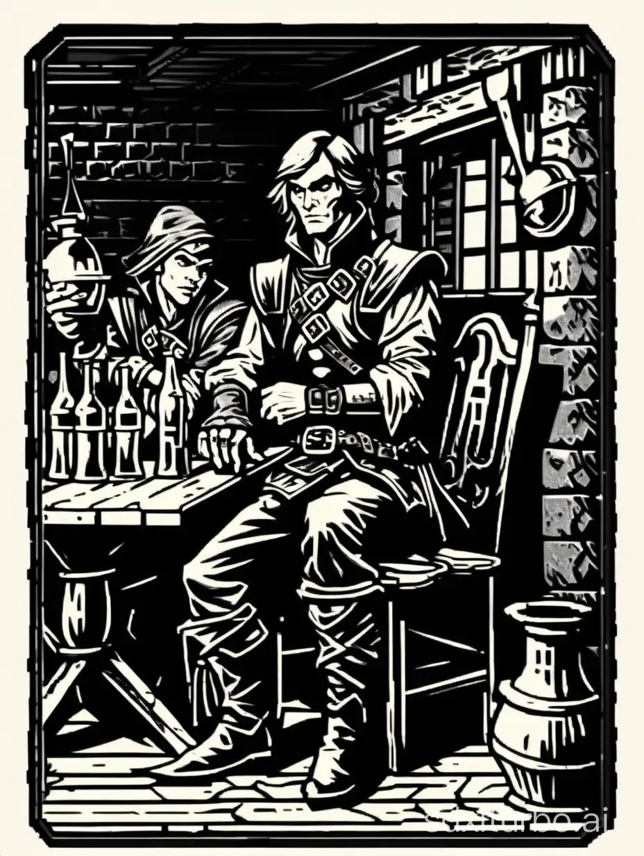 style of 1979 Advanced Dungeons and Dragons, a rough looking rogue, sitting in a tavern, 1bit bw, black border,