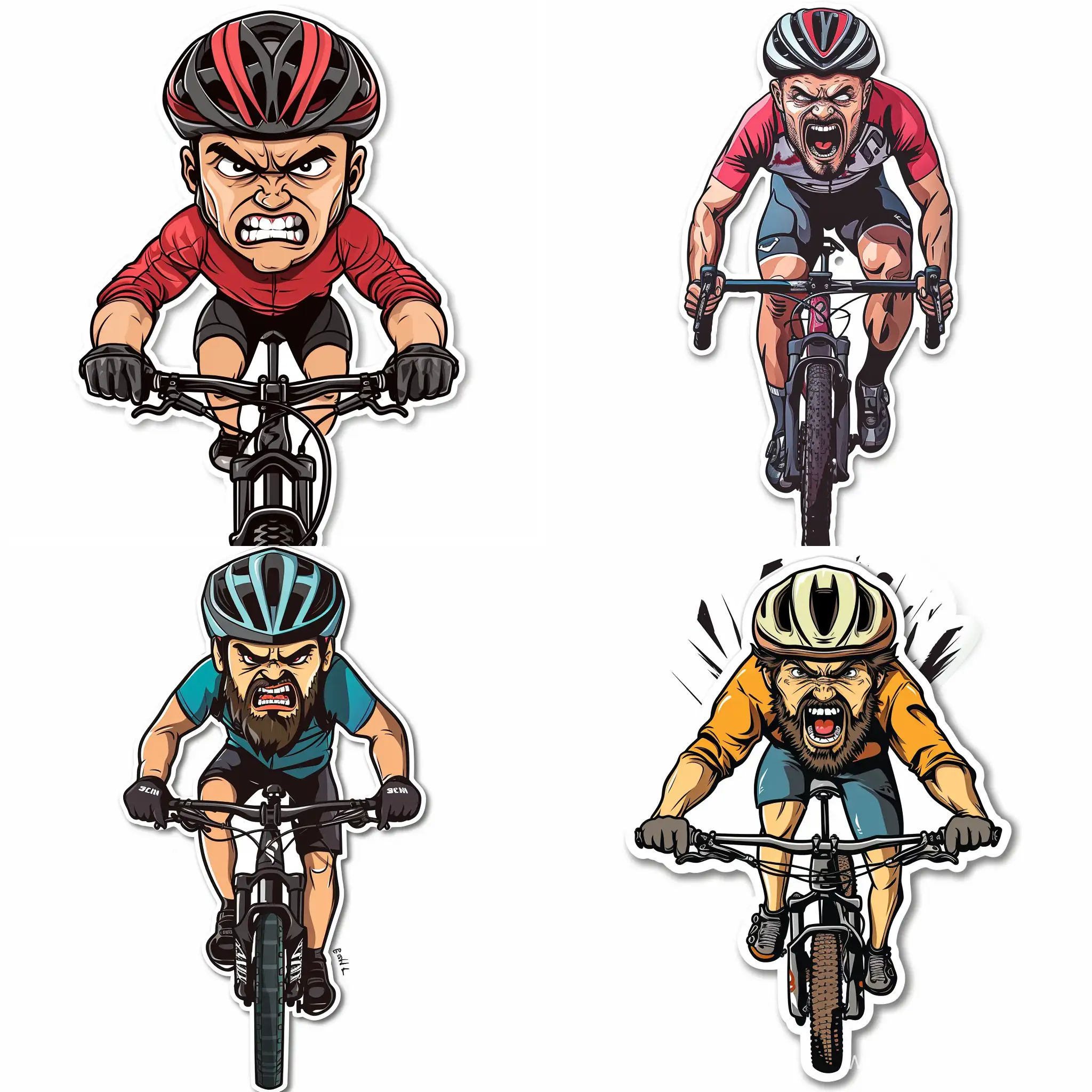 sticker, front view, a CARICATURE angry CYCLIST MOUNTAIN BIKER, cycling clothing, CARTOON STYLE, SOLID WHITE BACKGROUND