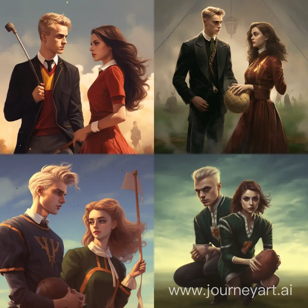 Draco Malfoy stands on the Quidditch pitch with Hermione Granger. Hermione is a brunette! Draco is smoking!