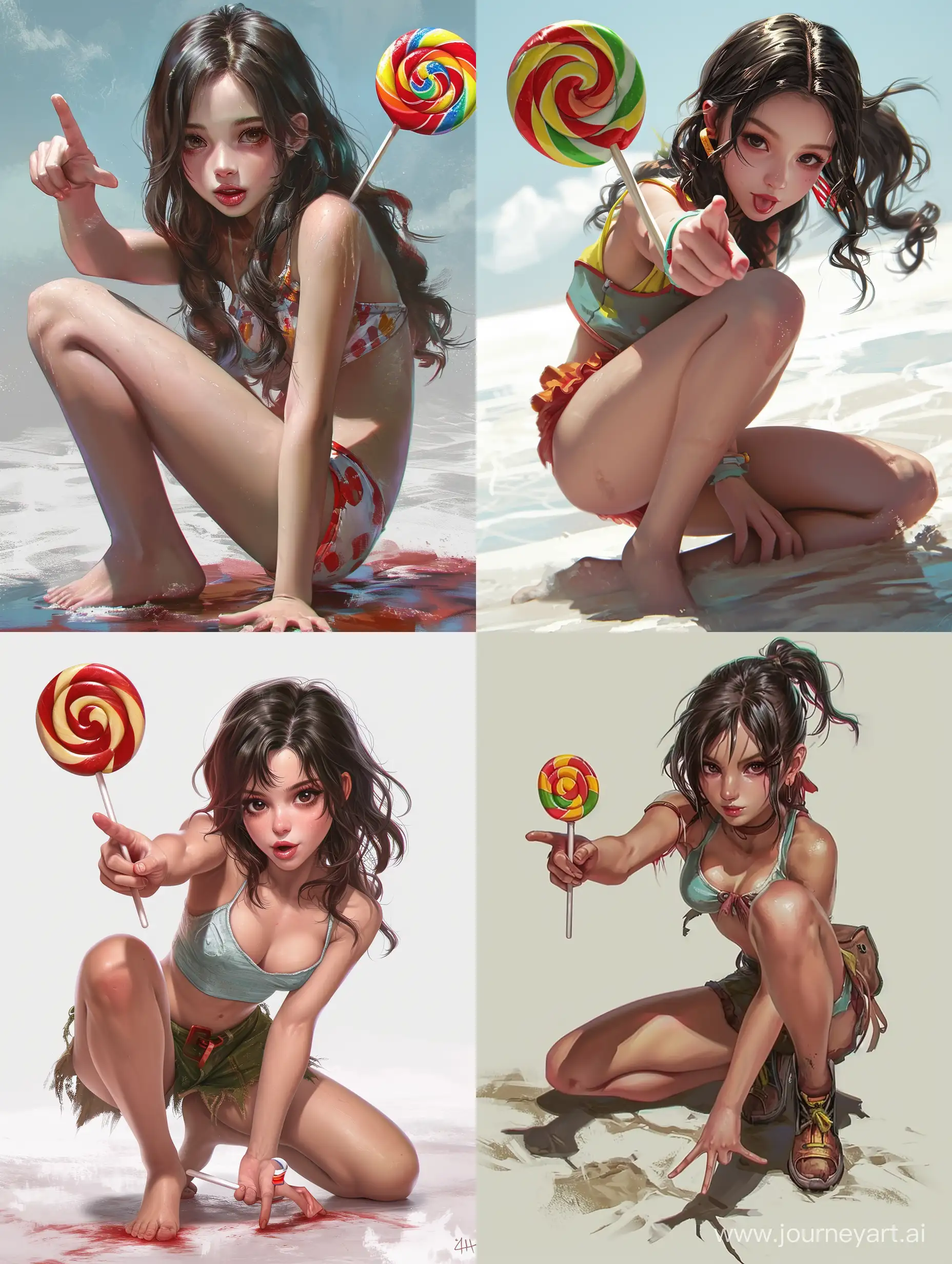 illusration art, digital art, a beautiful girl straddling on the ground, one hand hold a lollipop and point the lollipop at the viewer, crazy pose, best quality, cute, ultra detailed  --ar 3:4 --v 6 --q 2