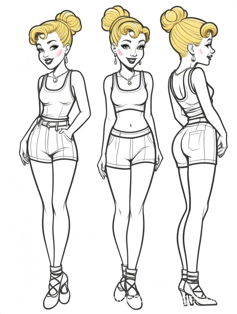 character study, CABARET SINGER, GOLD hair, up do hair, TAP short AND CROP TOP, ANKLET, multiple poses, full body, half body, quarter body, arms in poses, hair up and hair down, artist canvas, annotations, Coloring Page, black and white, line art, white background, Simplicity, Ample White Space. The background of the coloring page is plain white to make it easy for young children to color within the lines. The outlines of all the subjects are easy to distinguish, making it simple for kids to color without too much difficulty