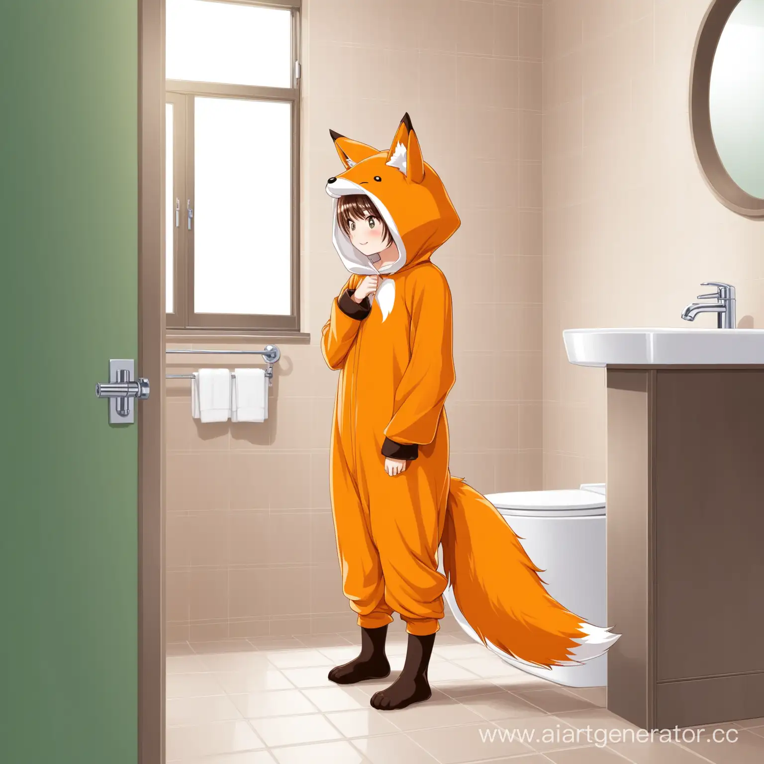 Девушка в костюме лисы стоит в ванной
