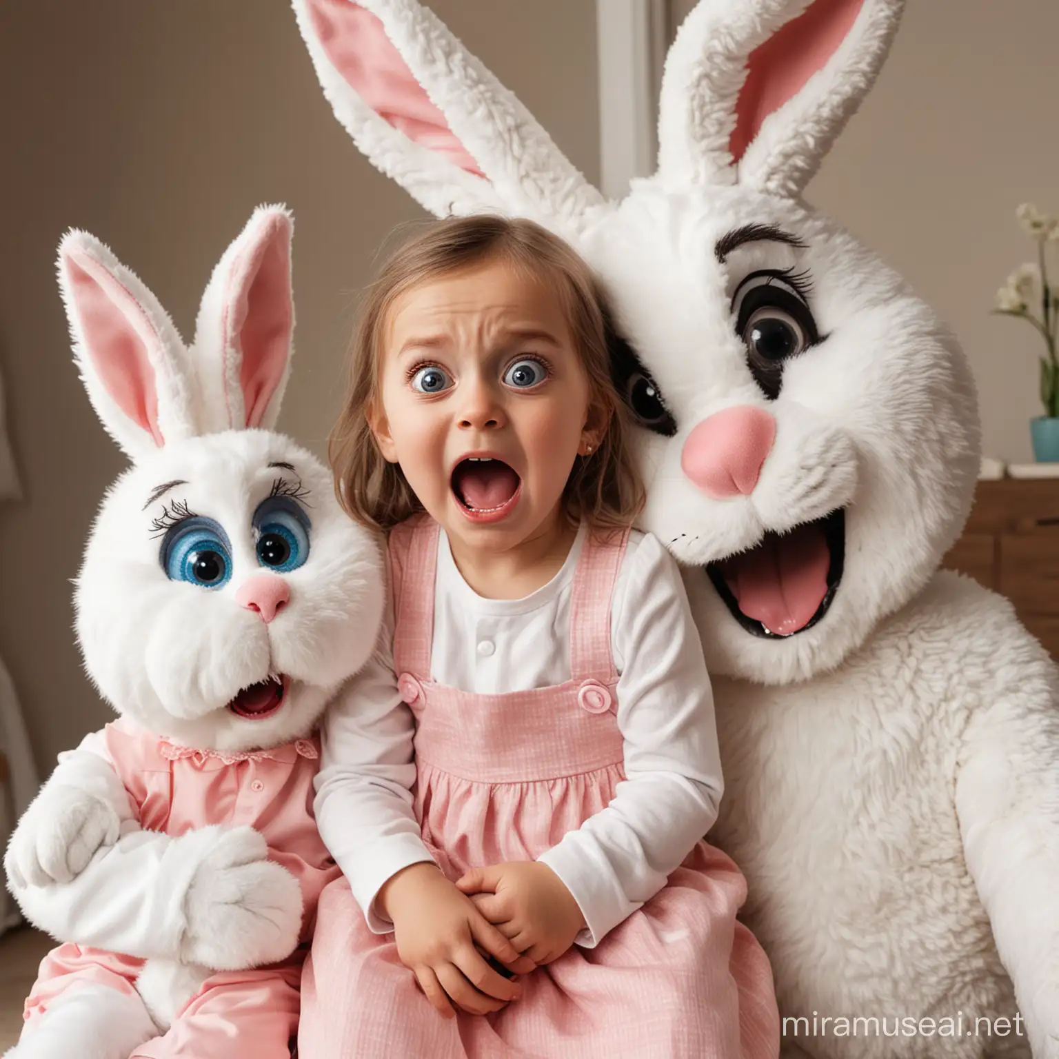 a young girl and a baby boy sitting on the Easter Bunny's lap, they are terrified and crying, the Easter Bunny has big googly eyes and an evil smile