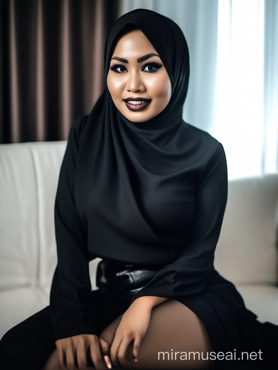 Sensual Indonesian Woman in Black Hijab Seductively Posed on White Sofa in Dim Light