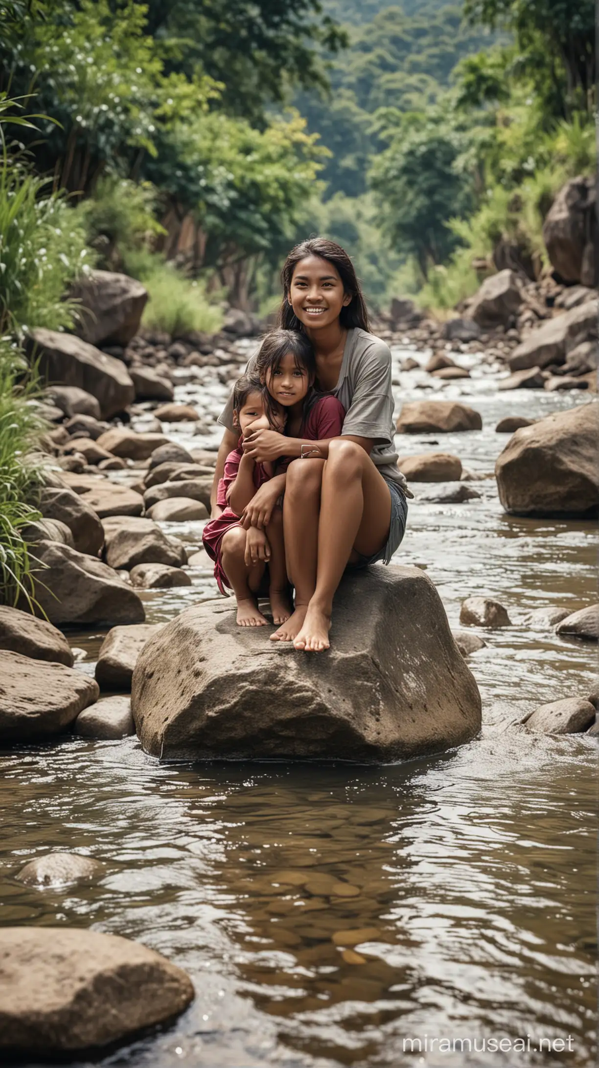 image of a 25 year old Indonesian woman with her 10 year old daughter sitting on a rock in a river facing the camera, with a shallow river flowing in the background that is squeezed by two rock walls, very real, very good shot, high contrast 8k