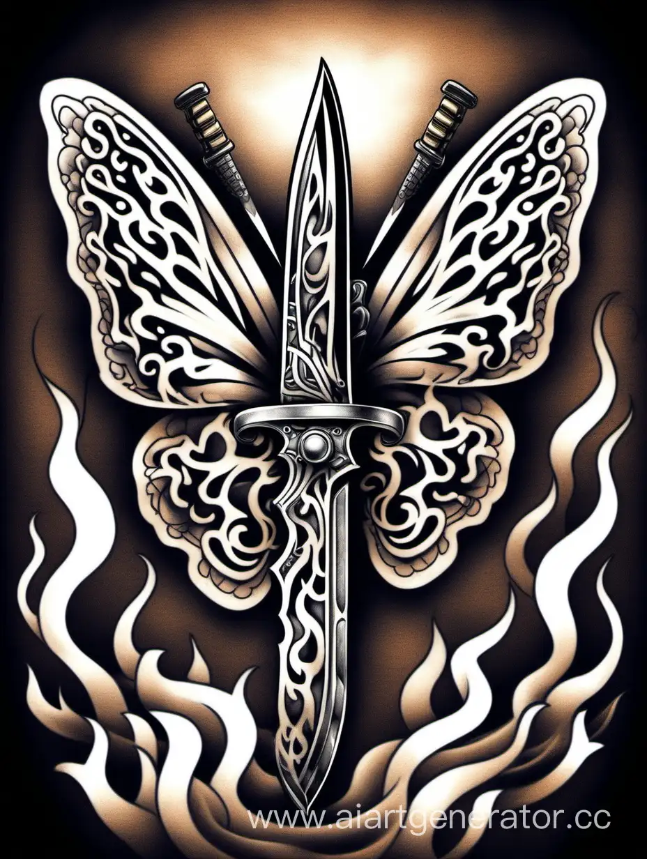 Flaming-Butterfly-Knife-with-Ribbon-New-School-Tattoo-Art