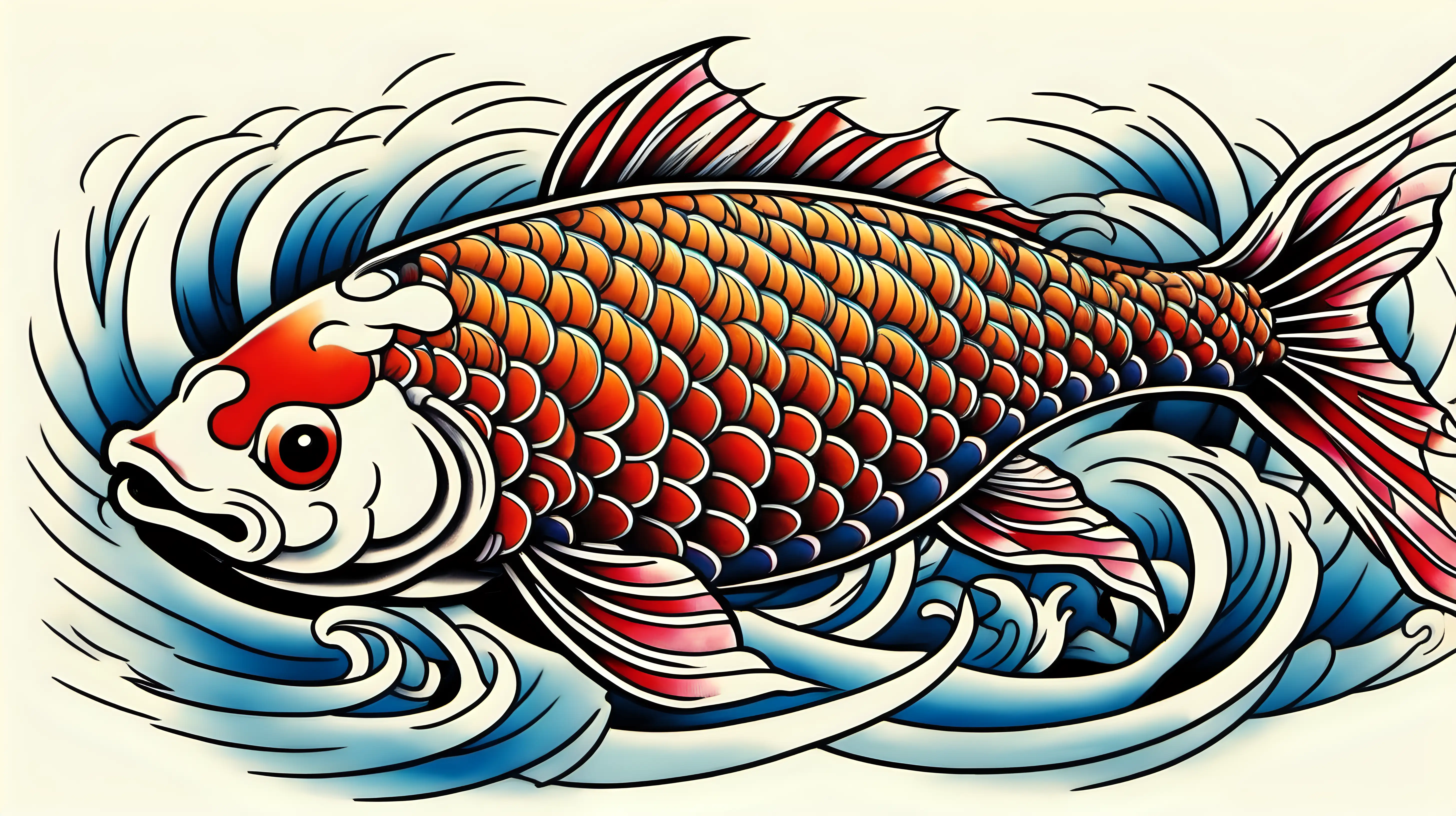 Japanese Coy Fish Tattoo Flash on White Background