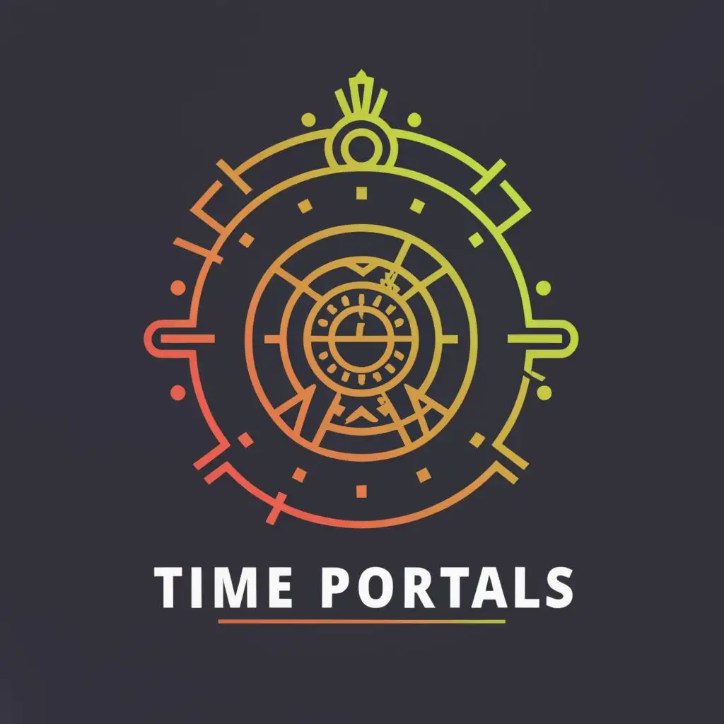 logo, Portal with a clock pattern on it, with the text "Time Portals", typography