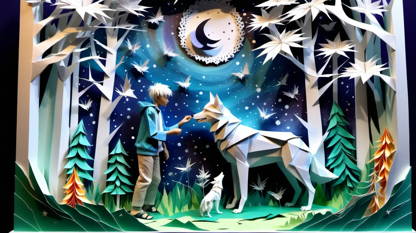 Abstract art paper art origami DIORAMA, ghibli inspired painting of a beautiful enchanting silver-haired, 18 YEAR OLD boy, playing with a big white wolf in an enchanted forest, surrounded by greenery, flowers, fireflies and moonlight