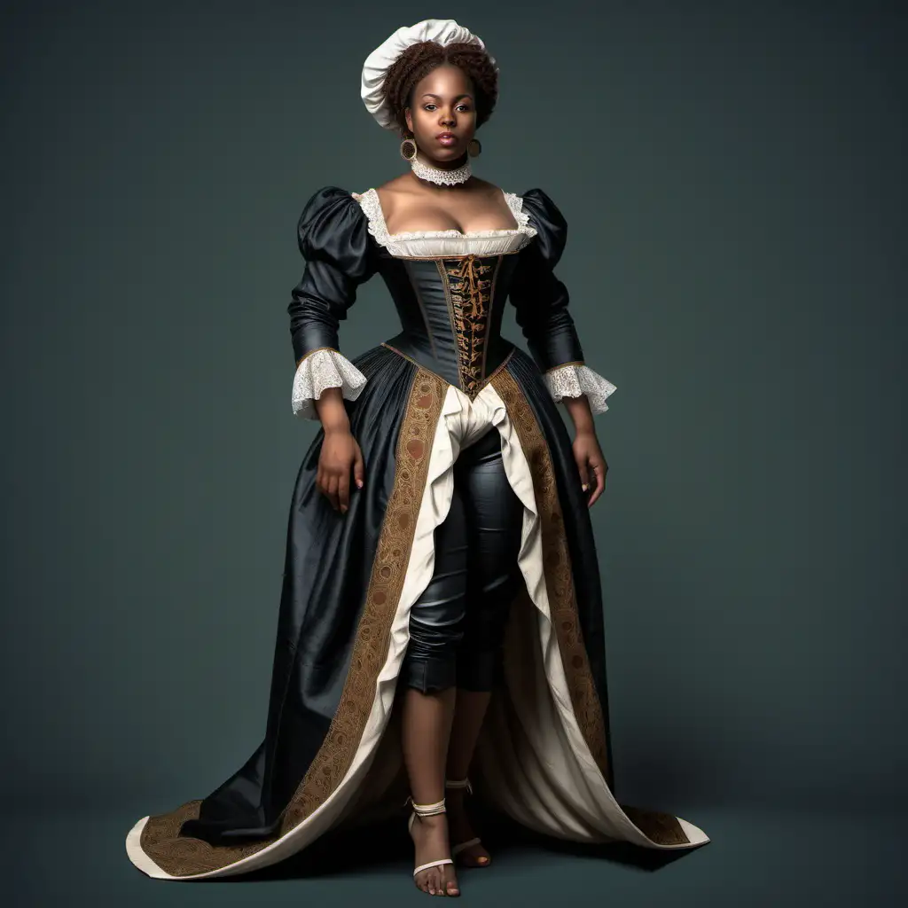 a black woman  wearing  sexy clothes from 1600 century ,semi realistic, full body view