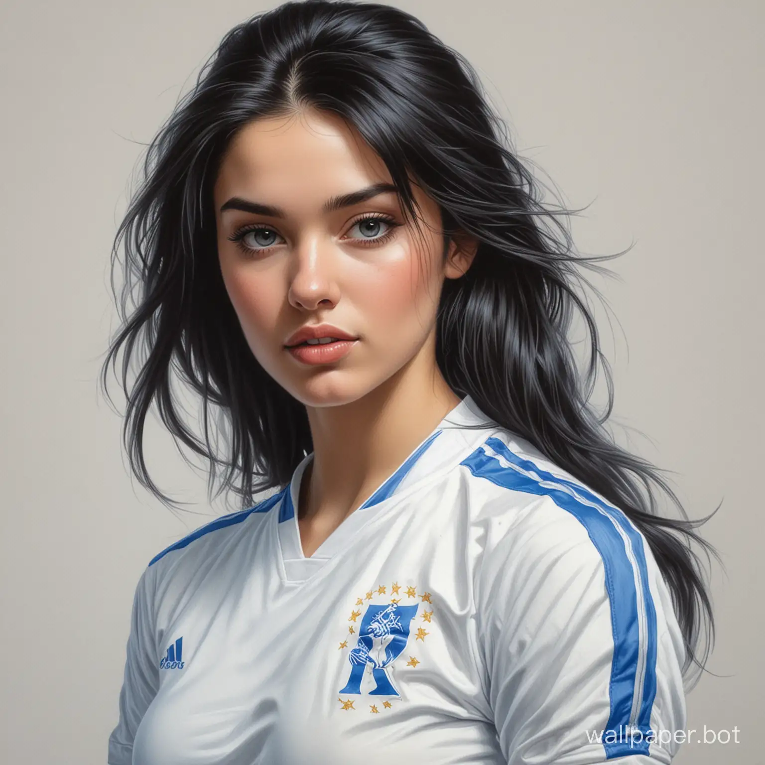 sketch young Katerina Shpitsa 18 years old black hair 5 breast size narrow waist In white-blue soccer form white background high realism drawing with liner portrait in three-quarter style Boris Vallejo