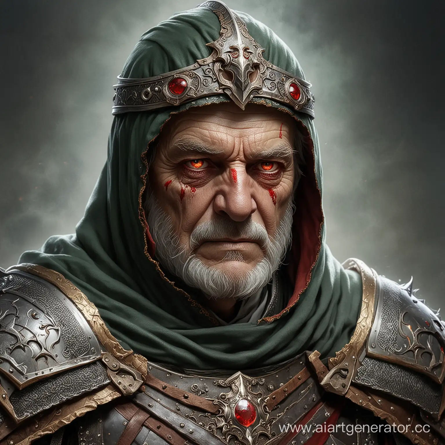 рыцарь пожилого возраста с красными глазами в доспехах и зеленом плаще