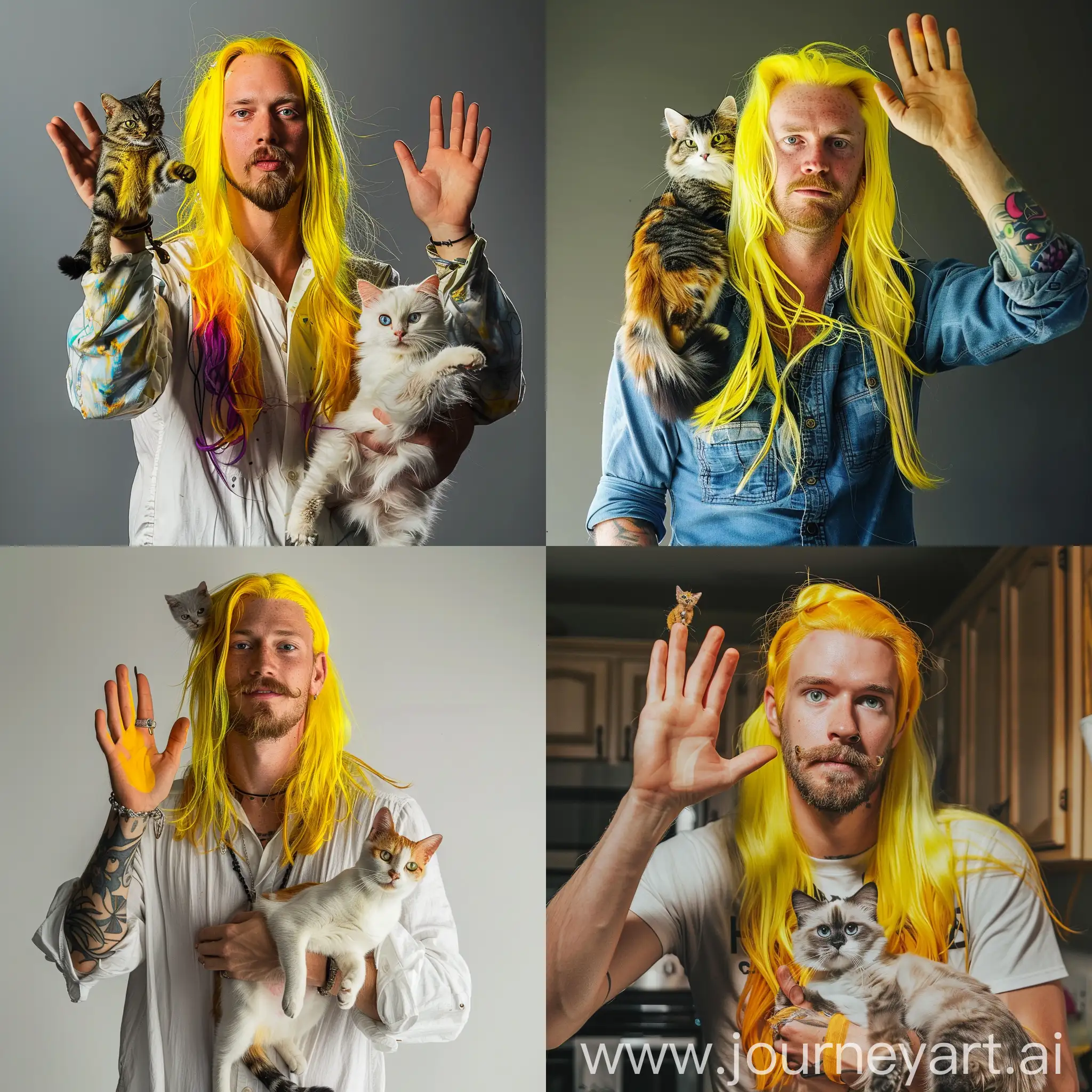 A white man, goatee, Long yellow hair, holding cat, and waving while looking at the camera