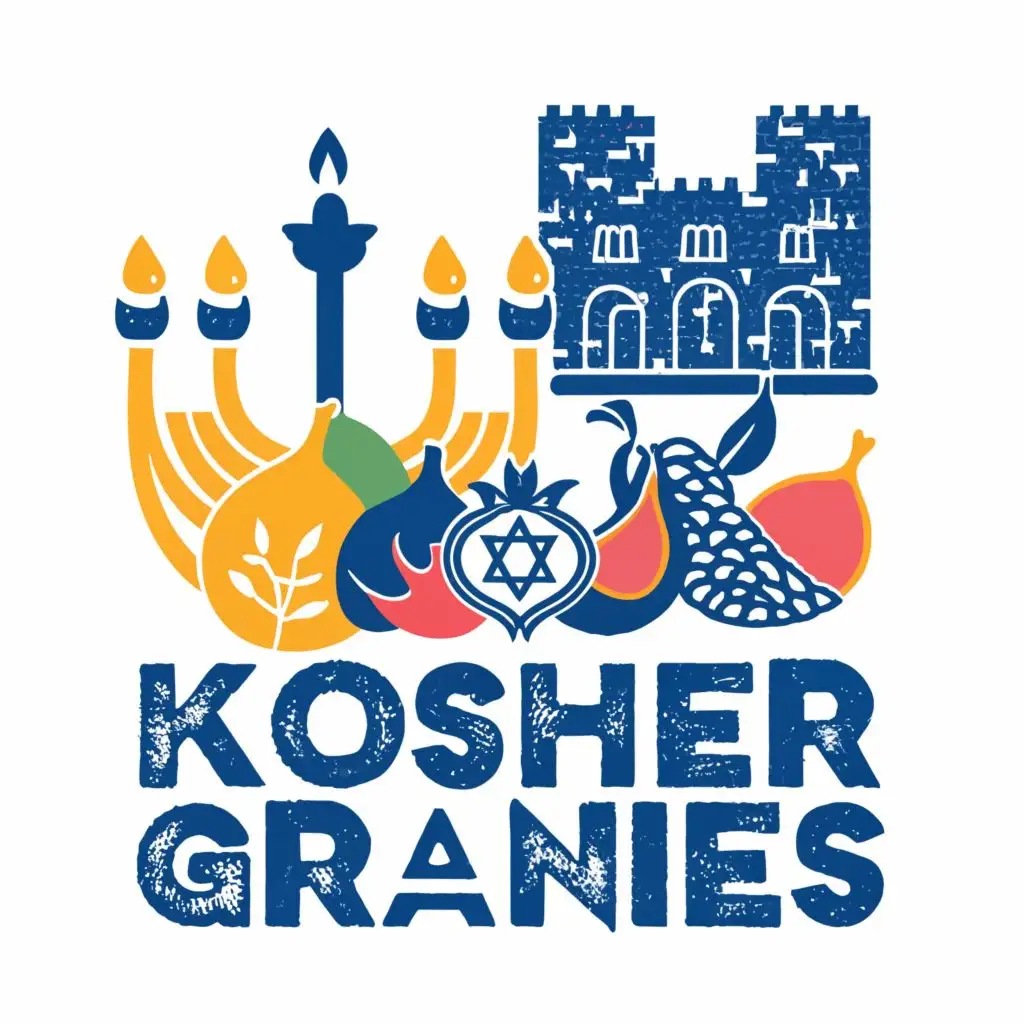 logo, Israel, yellow, blue, white, green, Menorah, fig, pomegranate, kotel, Paul Klee, with the text "Kosher Grannies", typography, be used in the automotive industry
