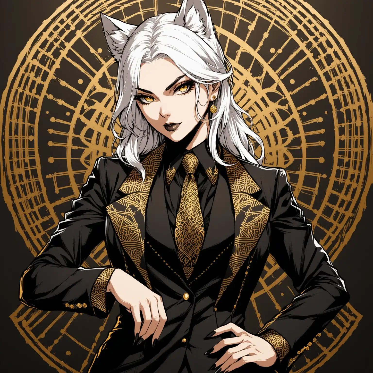 WhiteHaired SheWolf in Elegant Black and Gold Mafia Attire