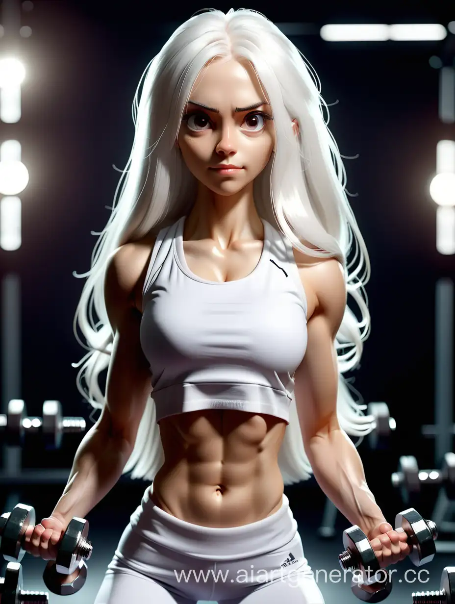 girl in sportswear, with long white hair, with dumbbells in her hands, looking forward, spectacular lighting, detail, HD