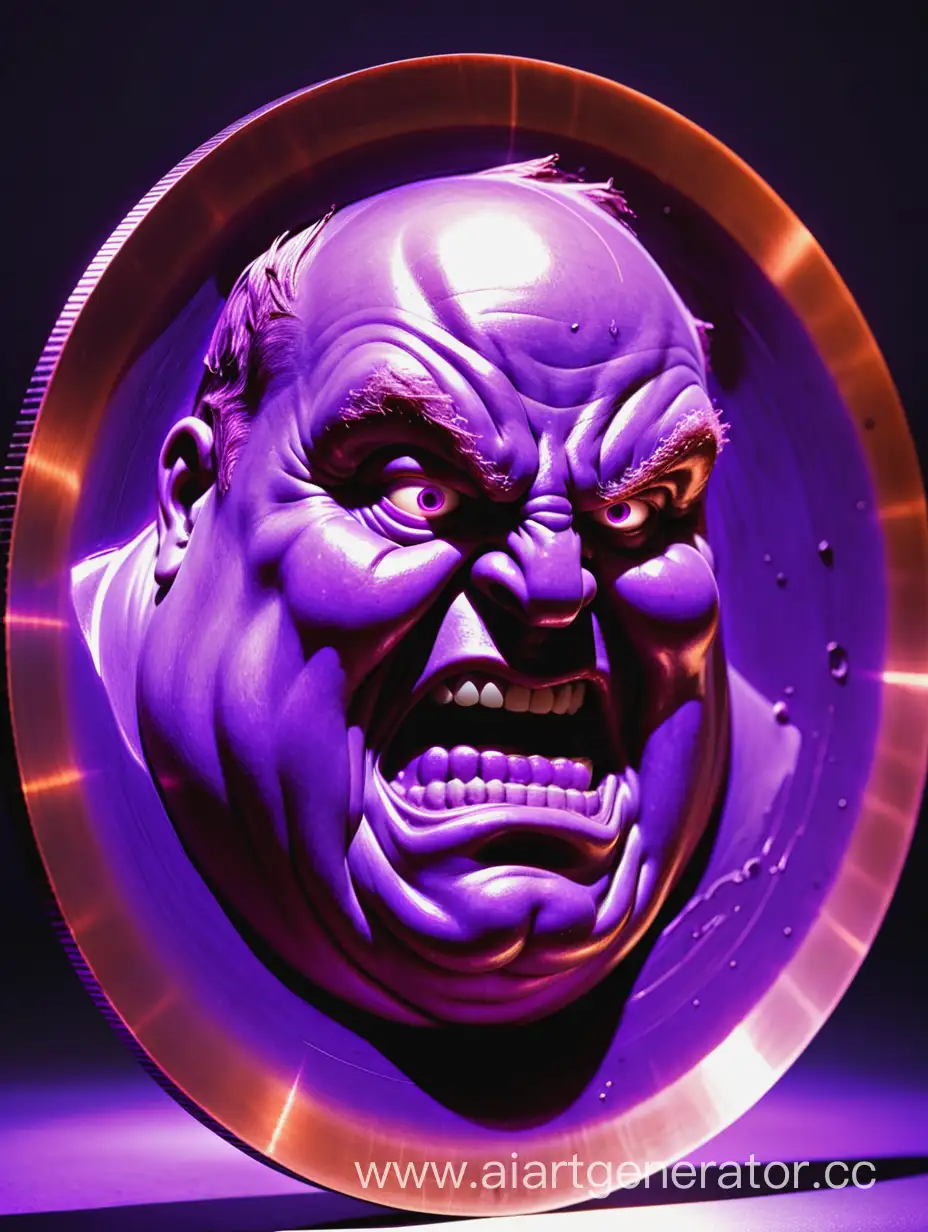 Furious-Grimace-of-a-Dreadful-Fat-Man-Reflected-on-Illuminated-Copper-Disk