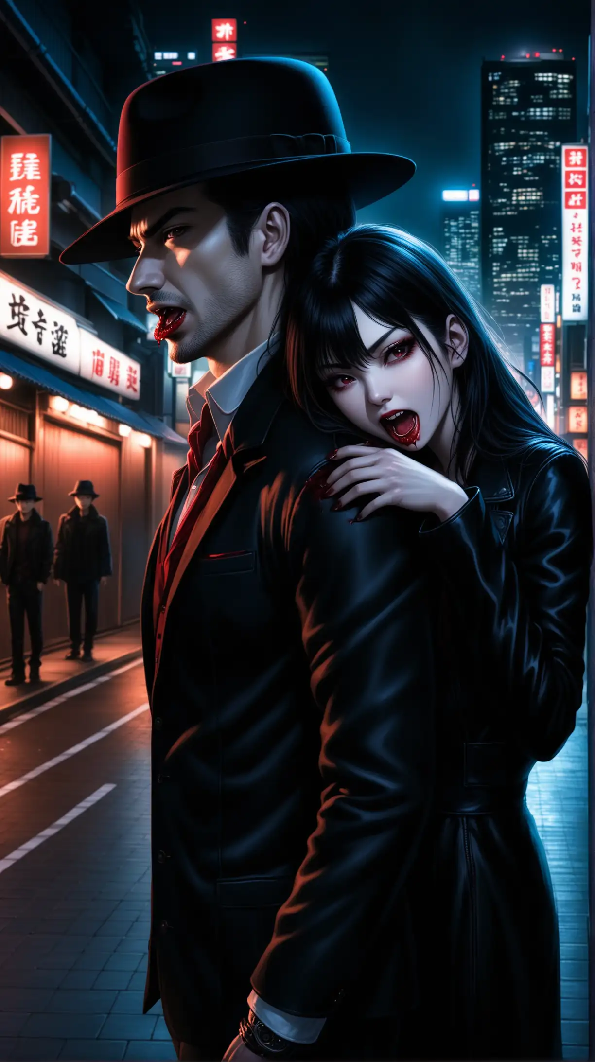 the vampire girl is sucking blood from behind from the neck of an ordinary male in  hat and jacket, tokyo street in the night on background, dark style, hyper-realistic, photo-realistic