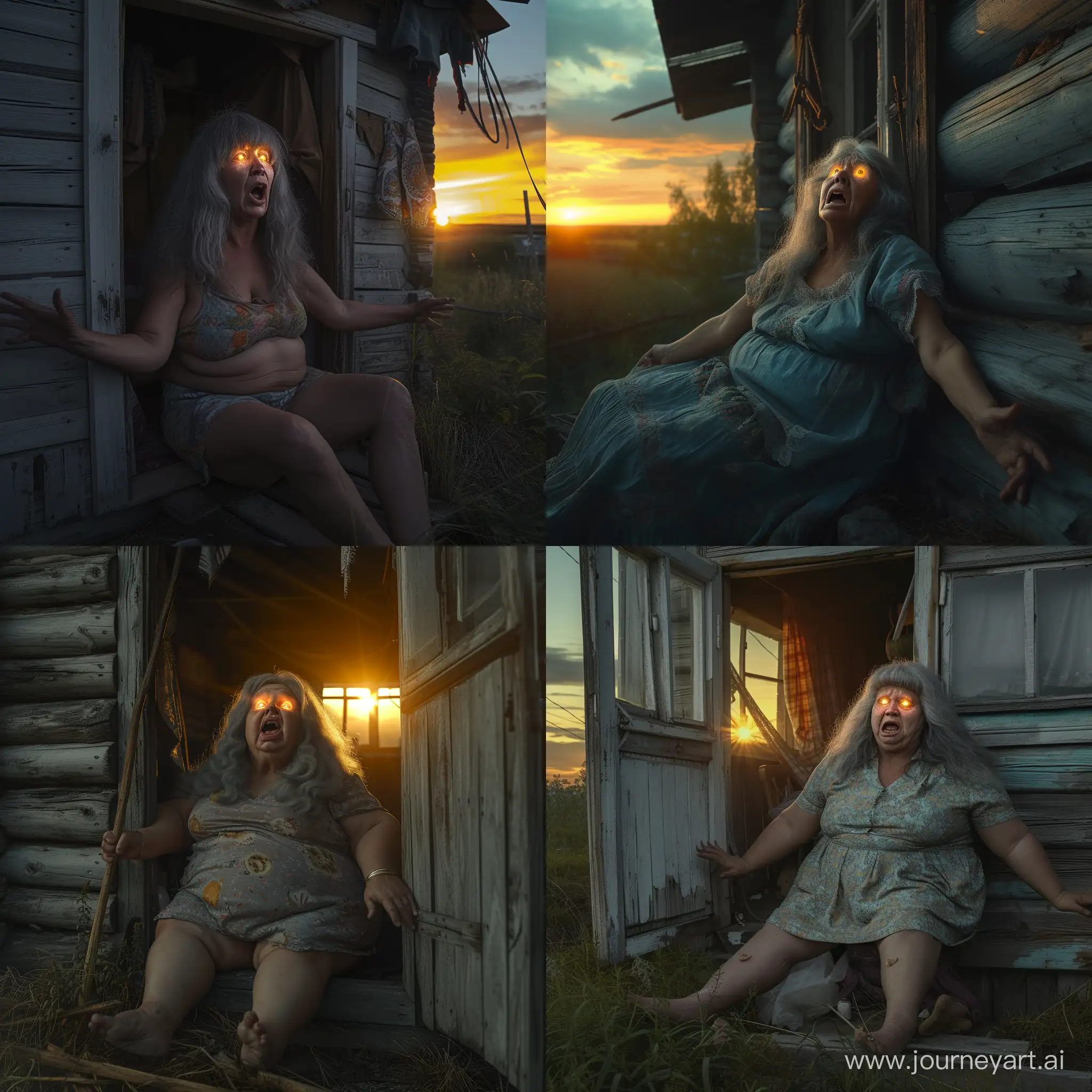 Russian hut inside, setting sun, a fat woman sits in the corner, eyes glow, mouth open, arms long and hanging, gray hair, hyper-realism, 8K image quality, ultra detail