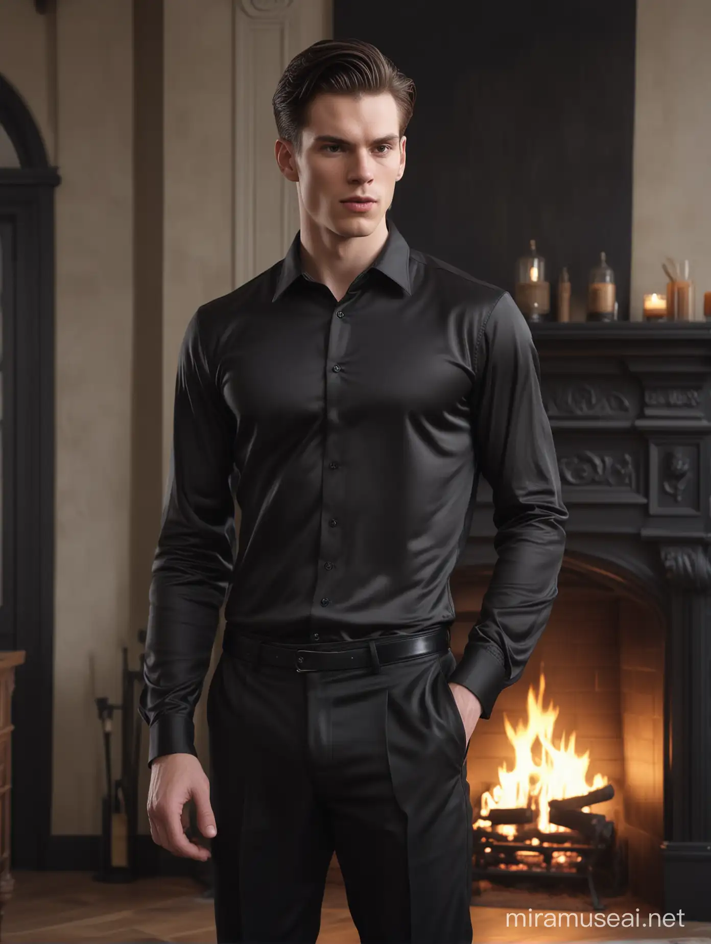 Mysterious Man in Elegant Black Attire by Fireplace