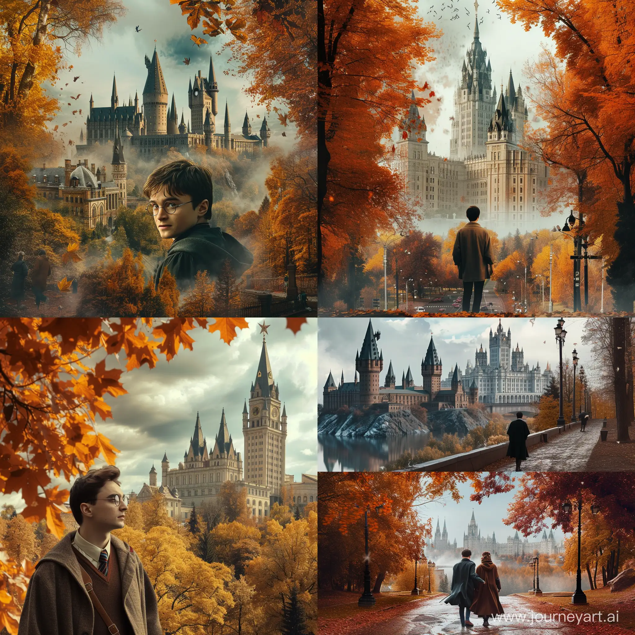 A harry potter movie poster but it in Yaroslavl state university in Russia. On background - main building, and weather is autumn