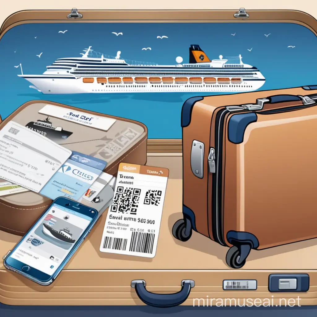 Create a full story that tells a journey step by step as a timeline of a suitcase. A passenger buys a service online for collection of his suitcase, he is on a cruise ship, he will connect a seal/tag with his online check-in barcode to add on his suitcase, crew will pick-up the suitcase outside cabin door at night and put it storage area. When cruise docks suitcase will be off-loaded on to the dock and a currier will load it into a truck. Suitcase will be transported to a storage unit for bag tag printing and processing. Suitcase will then be transported to airport and then loaded on to the injection point at check-in counter.  