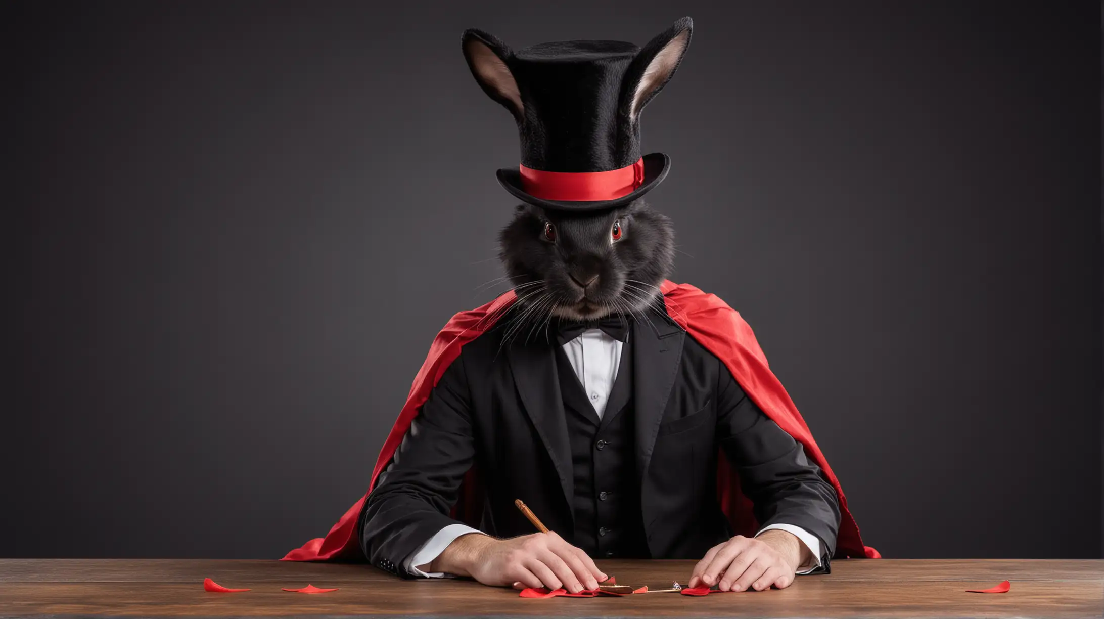 Magician wearing a black suit with red cape, holding a wand, top hat upside down on a table, large bunny ears sticking out of the hat.