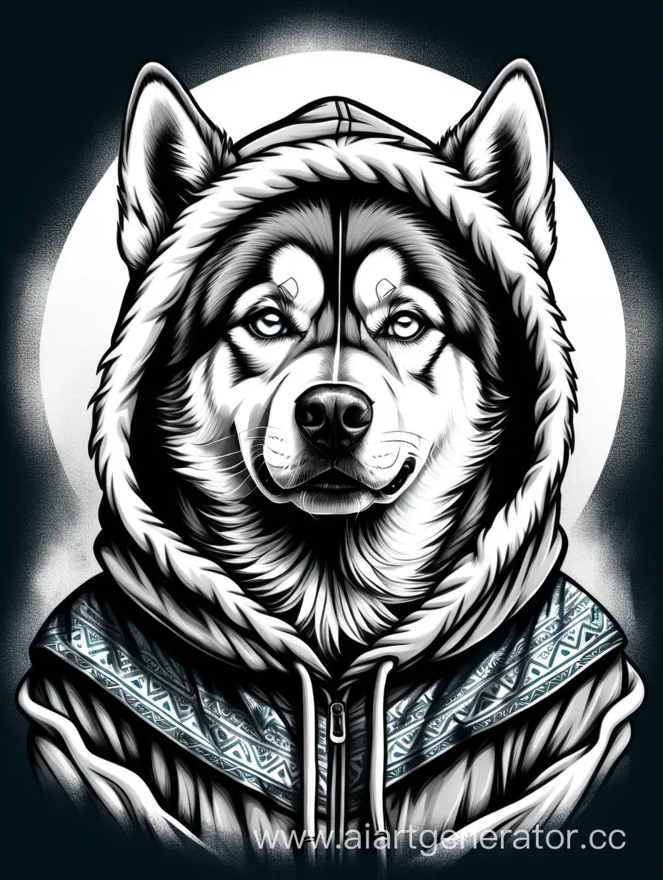 Moody Siberian husky in eskimo hood
Ink style drawing 