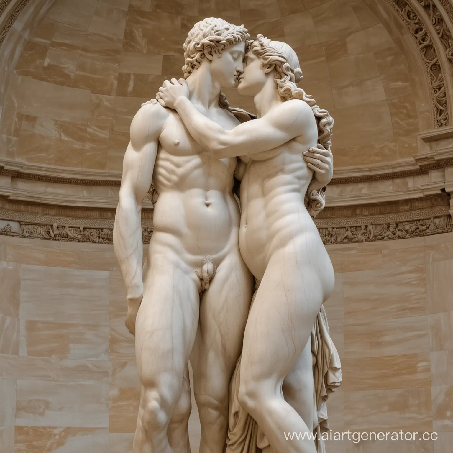 Скульптура Венеры Милоской и Давида Микеланджело вместе, они обнимаются как любовники. Две скульптуры целуются