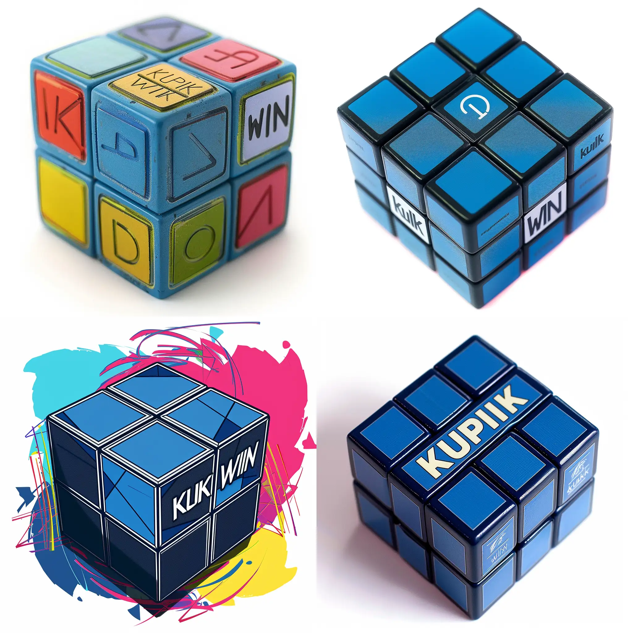 Colorful-Cube-Art-Vibrant-Blue-Geometric-Sculpture-with-kubik-win-Inscription
