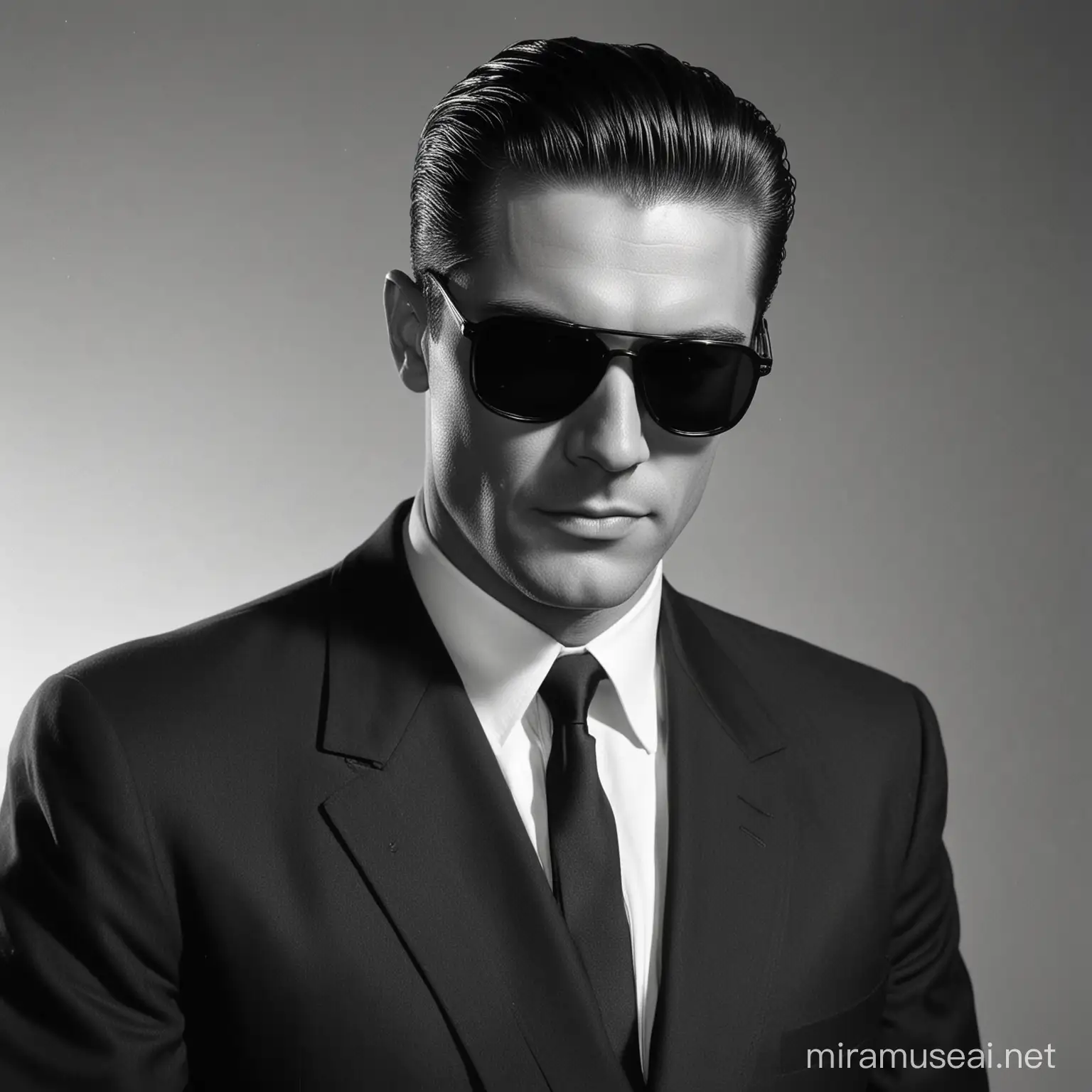 A secret agent with brown greased slick back hair, a black suit, black sunglasses,
portrait. 1950s