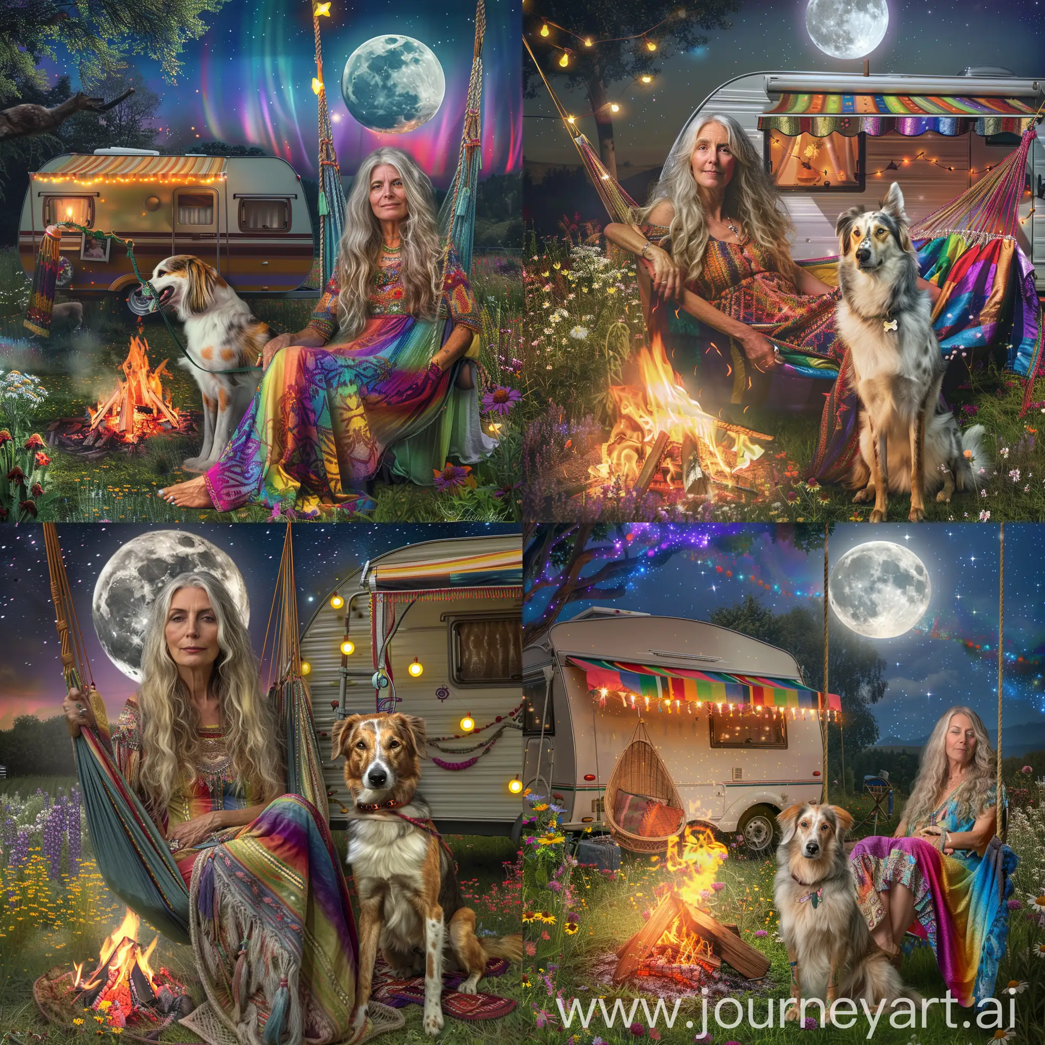 A beautiful evening, a bright full moon in the sky and stars.  A woman in her late fifties sits in front of a camp fire on a swinging hammock chair, as a facial, full frontal image of her. Her blonde long hair mixed with grey hair gently curls around her shoulders. Wearing a long flowing dress in rainbow shades. Her Borzoi stands next to her with markings in white and amber fur. Behind her is her wildflower meadow glowing under the moonlight. Her caravan with it's Bohemian colurs and decoration stands with it's Bohemian awning and lights.