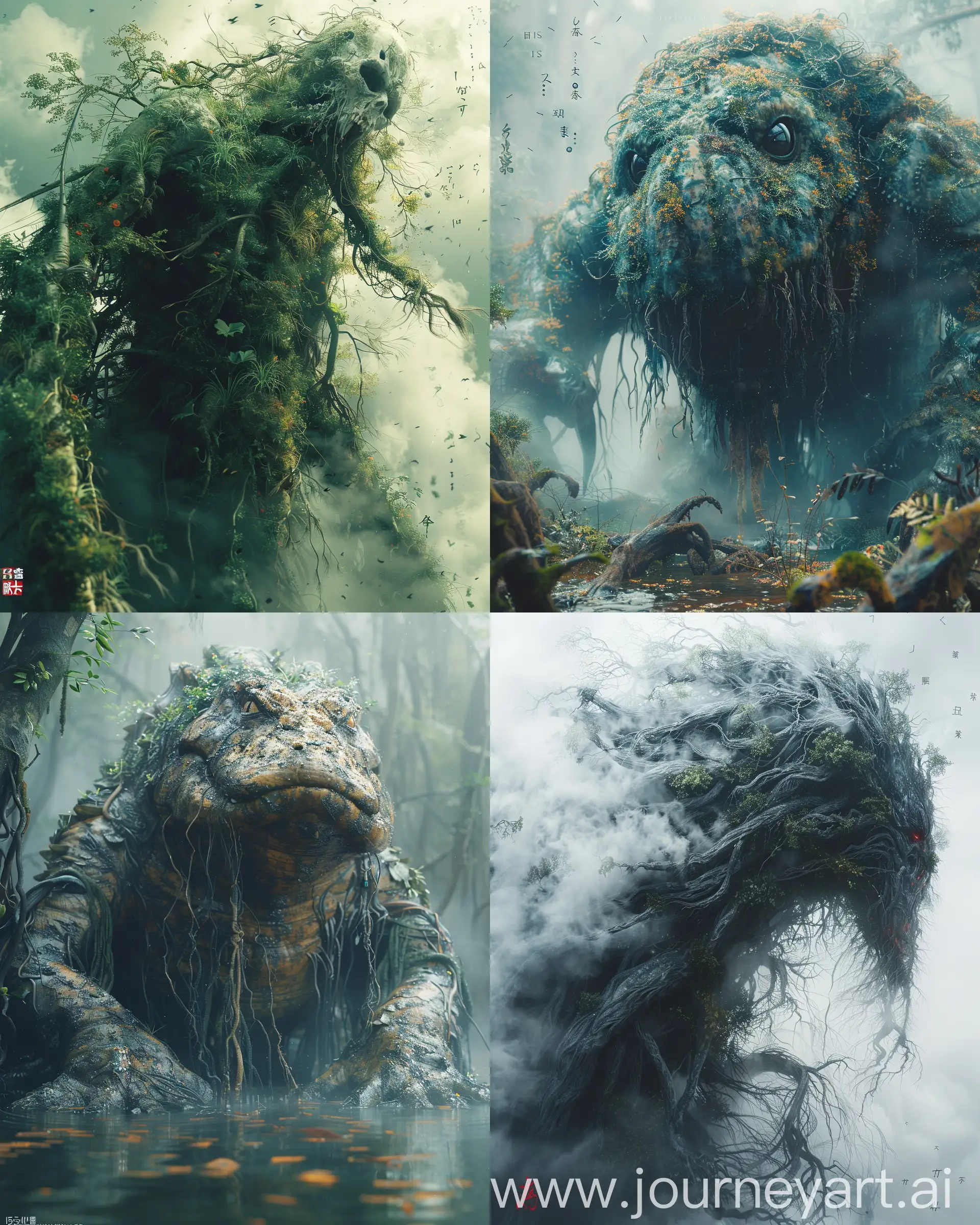 a giant swamp demon crawling out, mist, detailed, intricate roots, horror, hyperdetailed and highly intricate collage illustration by Ismail Inceoglu, Erin Hanson, Jane Jones, Bosch, Hayao Miyazaki and Yoshitaka Amano, realistic image, wabi-sabi art, abstract , punk collage , urbanpunk, flowerpunk, random textures, random graffiti strokes, kanji characters, surreal artwork, Impermanence moody, digital illustration, melancholy, macabre, by suehiro maruo and junji ito --ar 4:5 --s 750
