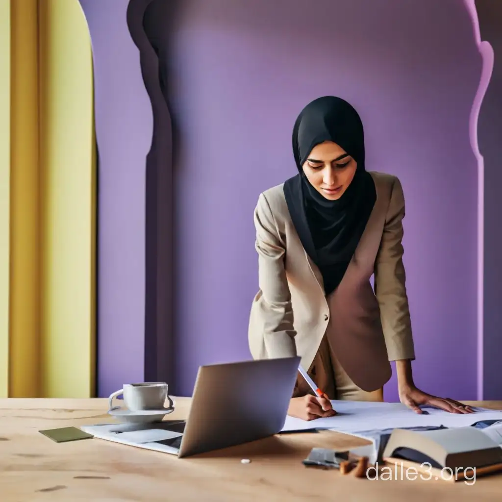 arab muslim woman architect wearing a black suit designing a room, backround light purpul and yellow 