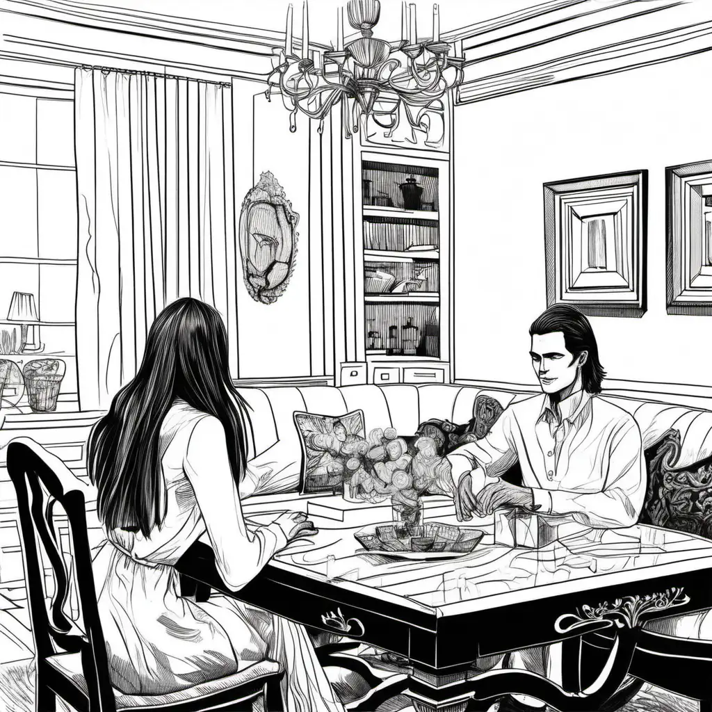 simple black and white drawing of young woman with long hair and young man dressed in white sitting living room by big table