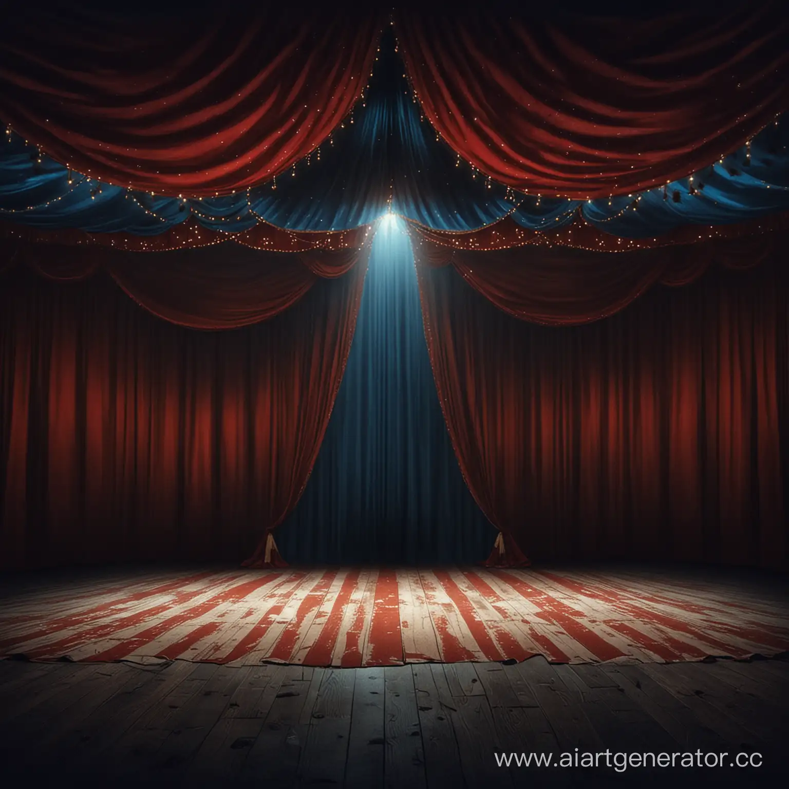 Фон темная сцена находящаяся  в шатре цирка, освещенная белыми синими и красными огнями, без людей и животных, имеет кулисы за которыми темно 